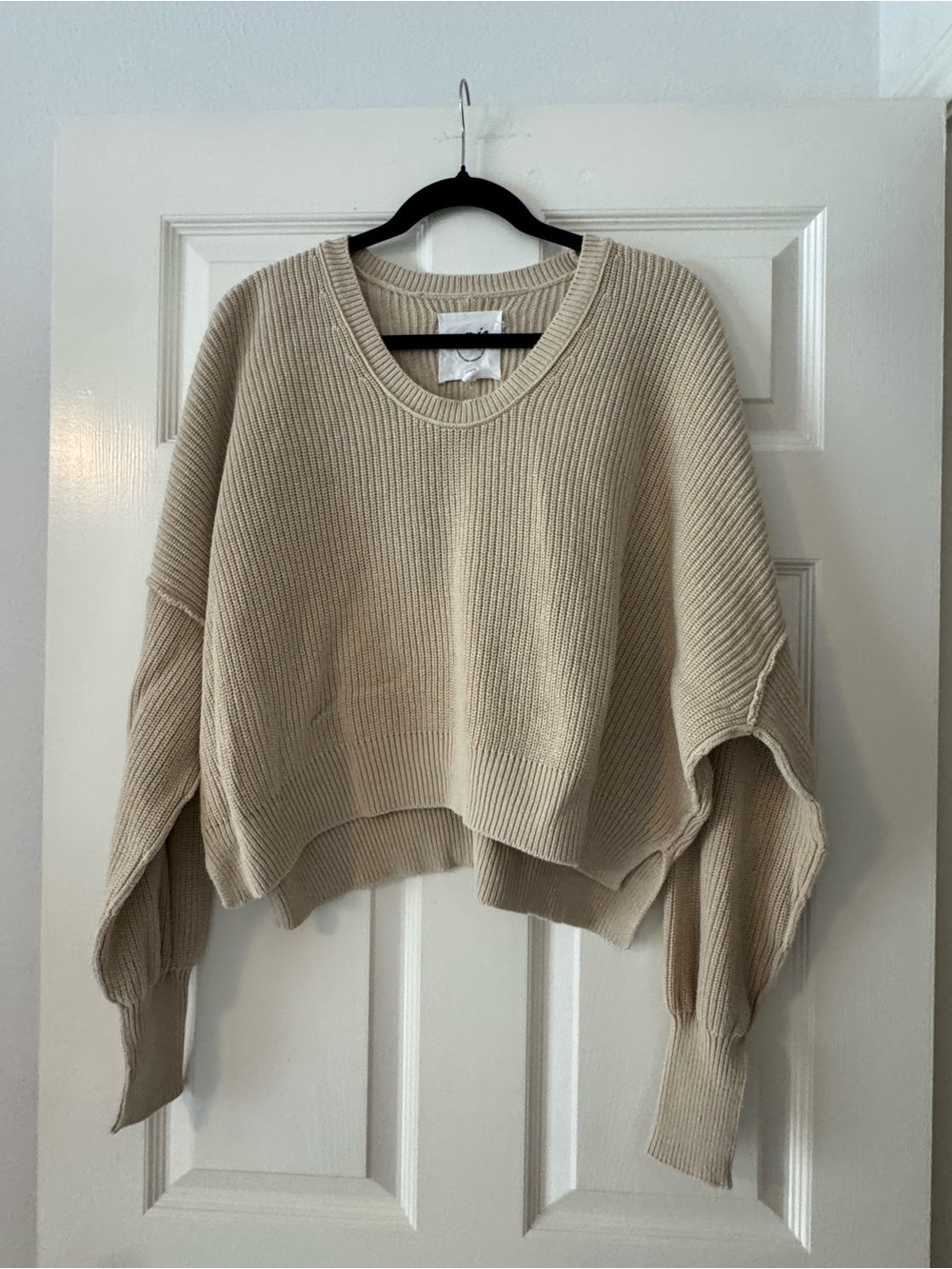 aerie Cropped Ribbed Crewneck Sweater in Beige